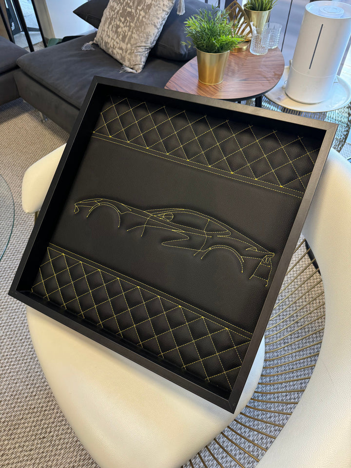 Black Leather Ferrari 812 Superfast Inspired Wall Art: Embroidered Yellow Stitch Luxury Decor