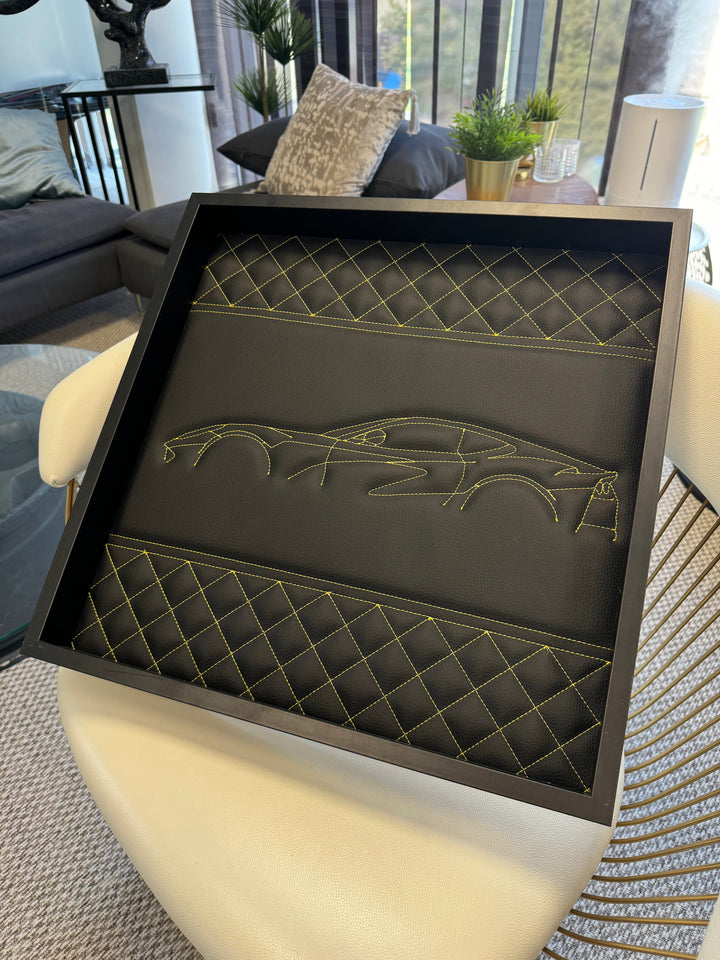Black Leather Ferrari 812 Superfast Inspired Wall Art: Embroidered Yellow Stitch Luxury Decor