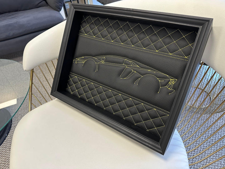 Black Leather Lamborghini Aventador Inspired Wall Art: Embroidered Yellow Stitch