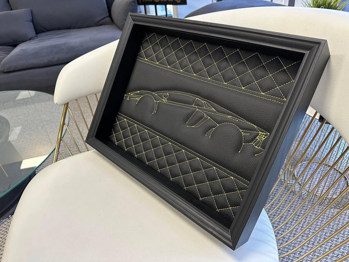 Black Leather Lamborghini Aventador Inspired Wall Art: Embroidered Yellow Stitch