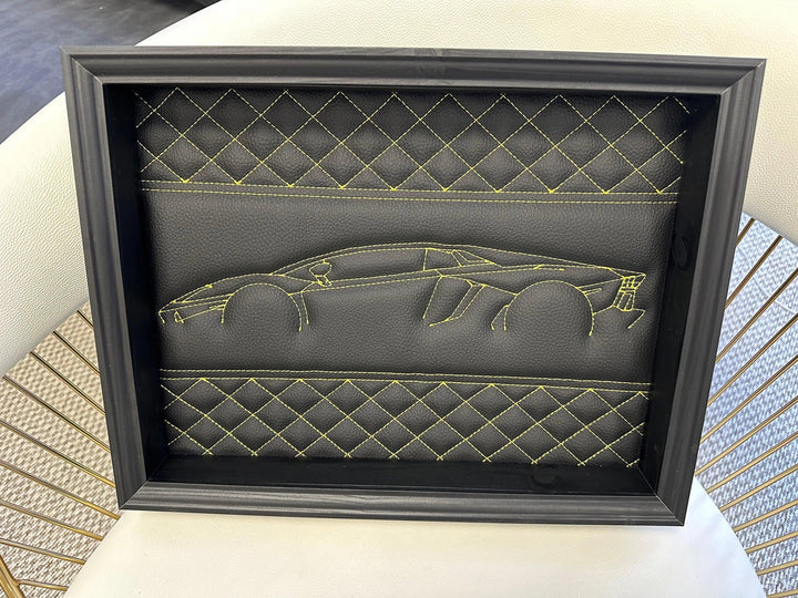 Black Leather Lamborghini Aventador Inspired Wall Art: Embroidered Yellow Stitch