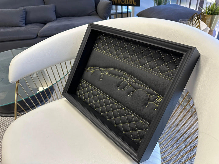 Black Leather Lamborghini Aventador Inspired Wall Art: Embroidered Yellow Stitch
