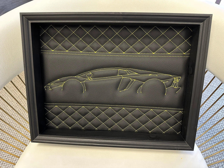 Black Leather Lamborghini Aventador Inspired Wall Art: Embroidered Yellow Stitch