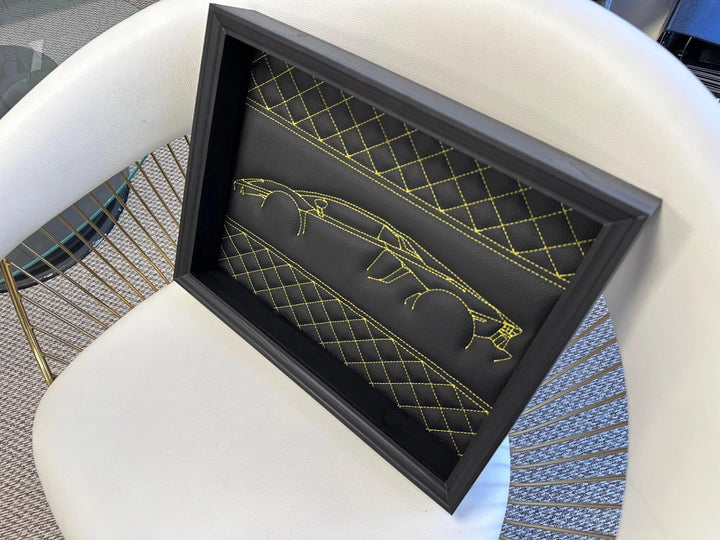 Black Leather Lamborghini Aventador Inspired Wall Art: Embroidered Yellow Stitch