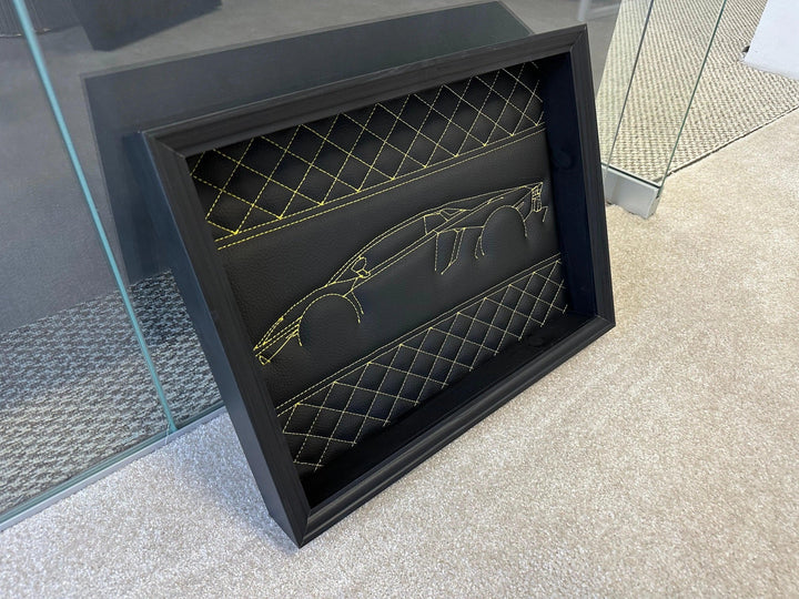 Black Leather Lamborghini Aventador Inspired Wall Art: Embroidered Yellow Stitch
