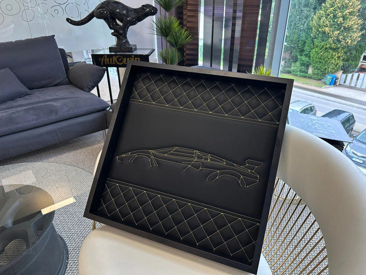 Black Leather Lamborghini Countach Inspired Wall Art: Embroidered Yellow Stitch Luxury Decor