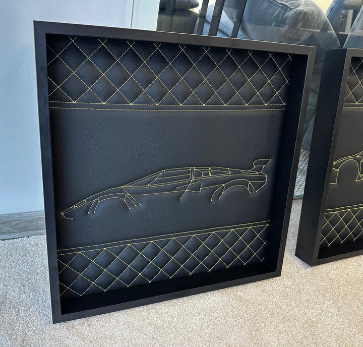 Black Leather Lamborghini Countach Inspired Wall Art: Embroidered Yellow Stitch Luxury Decor