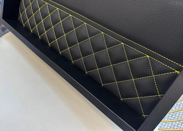 Black Leather Lamborghini Countach Inspired Wall Art: Embroidered Yellow Stitch Luxury Decor