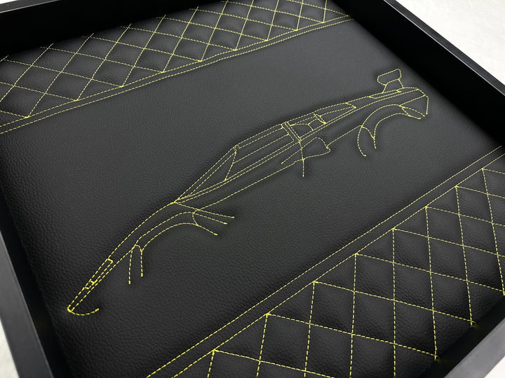 Black Leather Lamborghini Countach Inspired Wall Art: Embroidered Yellow Stitch Luxury Decor