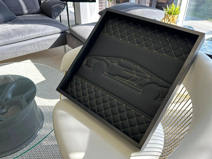 Black Leather Lamborghini Gallardo Inspired Wall Art: Embroidered Yellow Stitch Luxury Decor