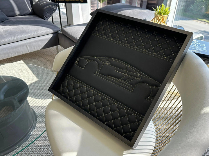 Black Leather Lamborghini Gallardo Inspired Wall Art: Embroidered Yellow Stitch Luxury Decor