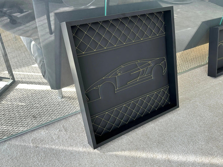 Black Leather Lamborghini Gallardo Inspired Wall Art: Embroidered Yellow Stitch Luxury Decor