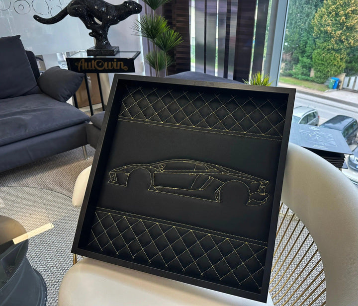 Black Leather Lamborghini Aventador Inspired Wall Art: Embroidered Yellow Stitch Luxury Decor