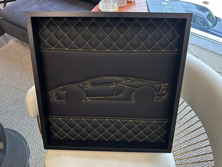 Black Leather Lamborghini Aventador Inspired Wall Art: Embroidered Yellow Stitch Luxury Decor