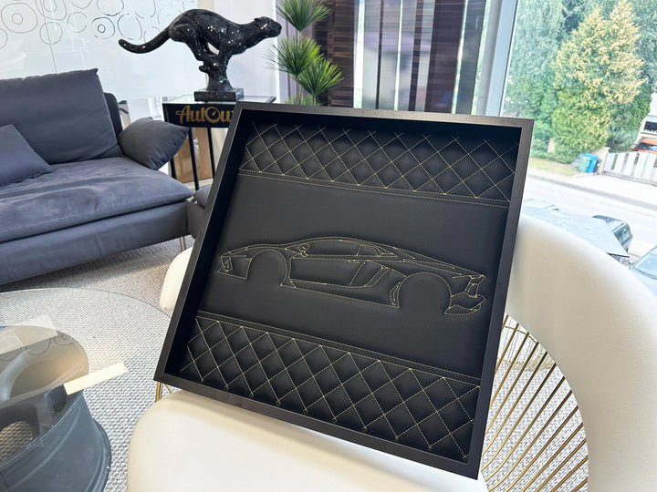 Black Leather Lamborghini Aventador Inspired Wall Art: Embroidered Yellow Stitch Luxury Decor
