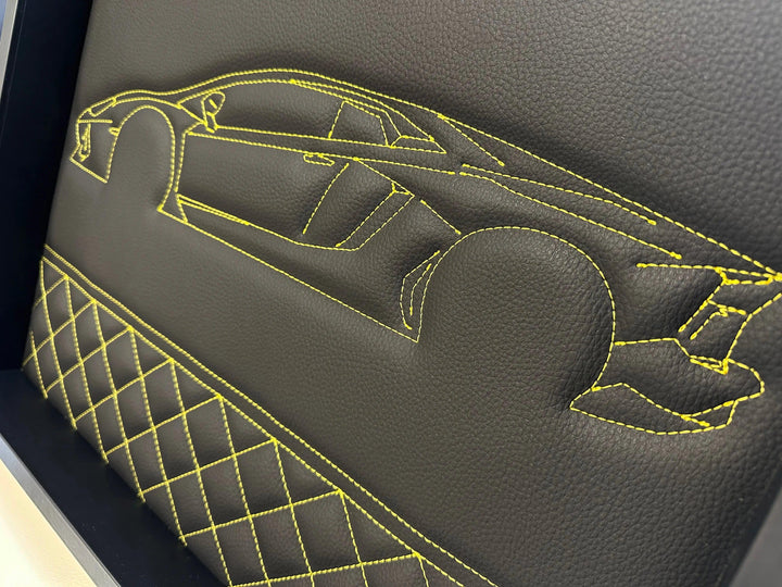 Black Leather Lamborghini Aventador Inspired Wall Art: Embroidered Yellow Stitch Luxury Decor