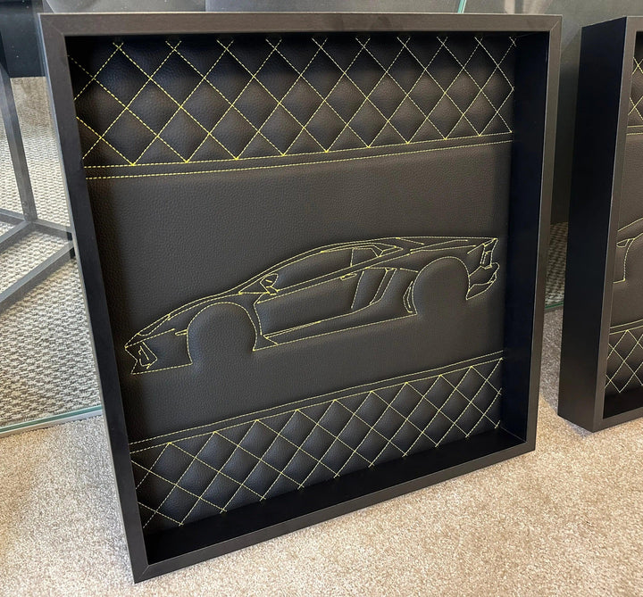 Black Leather Lamborghini Aventador Inspired Wall Art: Embroidered Yellow Stitch Luxury Decor