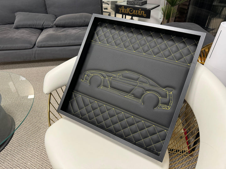 Black Leather Nissan GTR Inspired Wall Art: Embroidered Yellow Stitch Luxury Decor