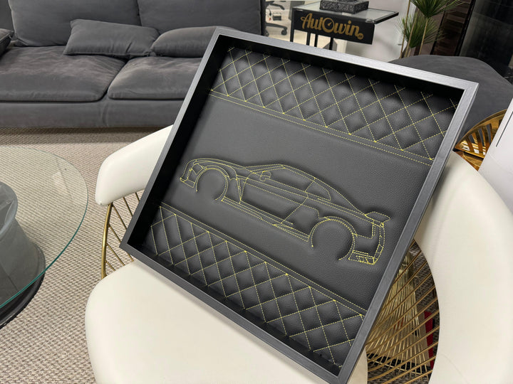 Black Leather Nissan GTR Inspired Wall Art: Embroidered Yellow Stitch Luxury Decor