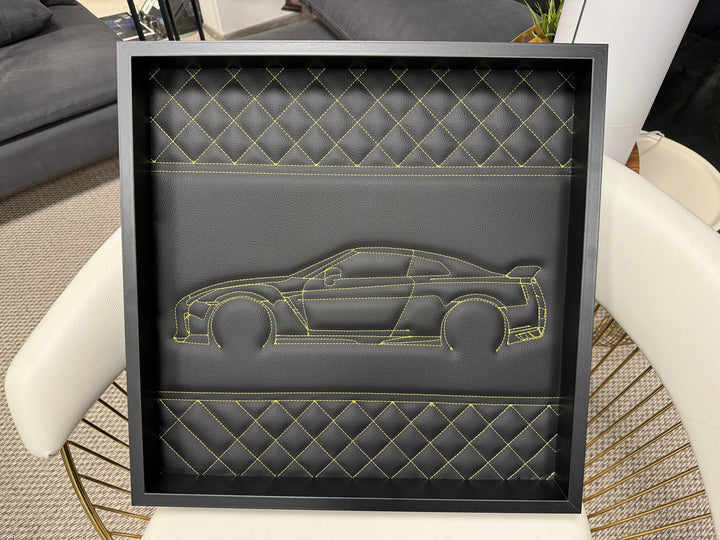Black Leather Nissan GTR Inspired Wall Art: Embroidered Yellow Stitch Luxury Decor