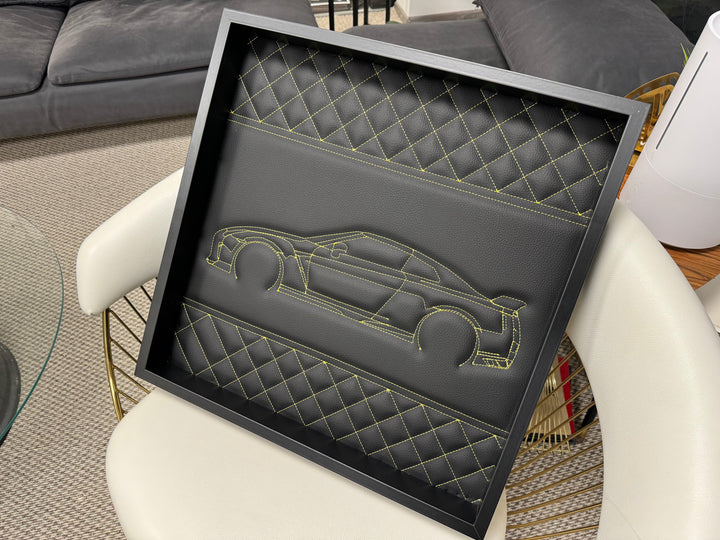 Black Leather Nissan GTR Inspired Wall Art: Embroidered Yellow Stitch Luxury Decor