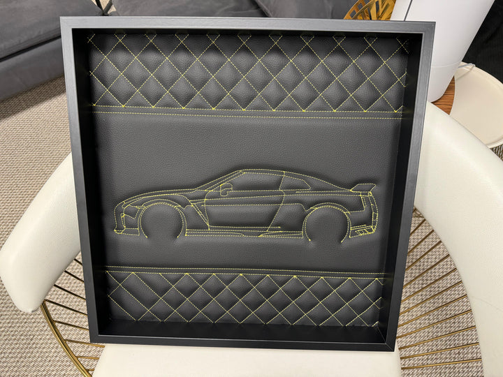 Black Leather Nissan GTR Inspired Wall Art: Embroidered Yellow Stitch Luxury Decor