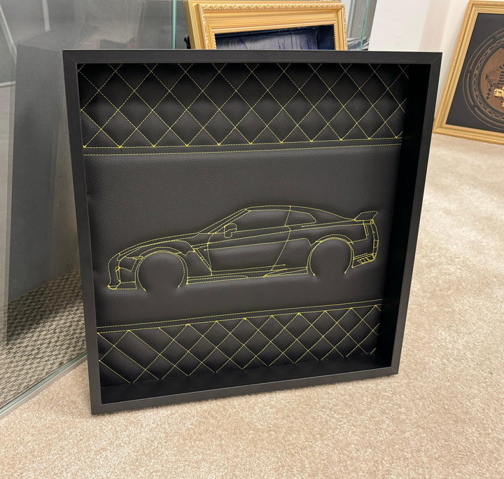 Black Leather Nissan GTR Inspired Wall Art: Embroidered Yellow Stitch Luxury Decor