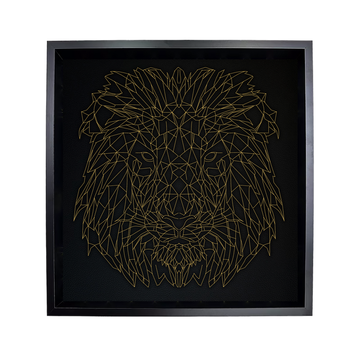 Luxury Leather Lion Wall Art: Intricate Embroidered Design Piece