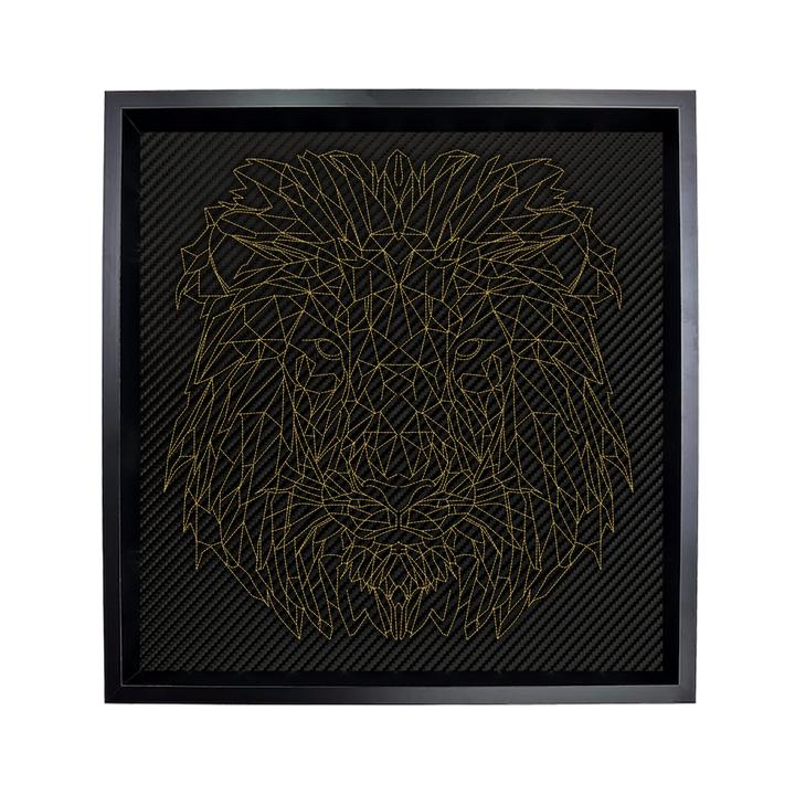 Stunning Carbon Leather Lion Art: Elegant Embroidered Wall Decor